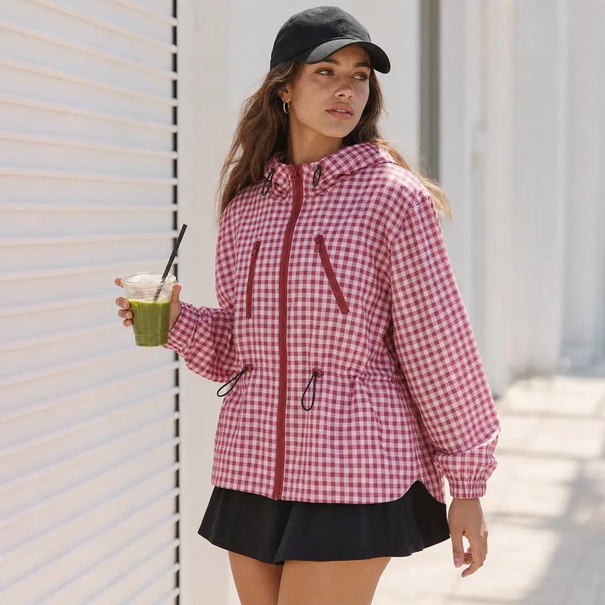 Fisoew Women's Gingham Check Hooded Windbreaker Jacket, Full Zip Drawstring Waist Cinch Waist Oversized Long Sleeve Lightweight Rain Coat With Zipper Pockets