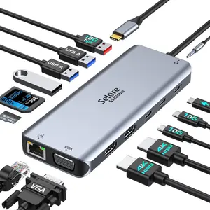 Selore USB C Docking Station Dual ,Laptop Docking Station,14 in 1 Docking Station 3 Monitors with 2 HDMI,VGA,10G USB A/C,100W PD,6 USB A/C Ports,USB C Hub Multiport Adapter for Windows Laptops