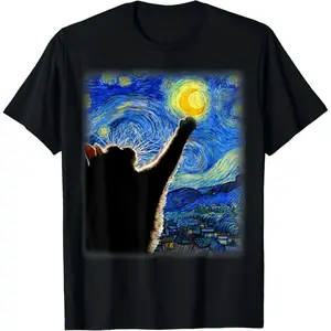 Men's Round Neck Short-Sleeve Cotton Fabric T-Shirt - Breathable Menswear Casual Top with Van Gogh "Cat Starry Night" Art Cat Graphic