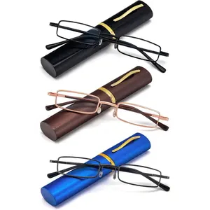 3 Pack Slim Pen Reading Glasses Small Tube Stylish Readers for Men Women Spring Hinged with Portable Clip Case, Black Brown Blue 2.5