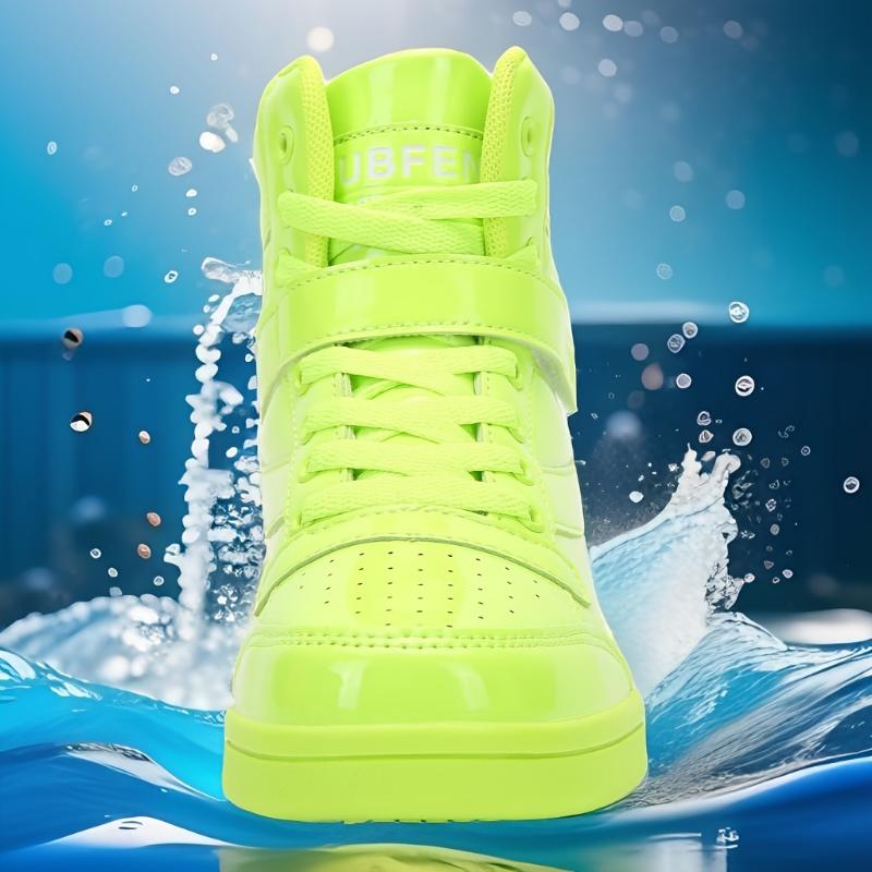 Women's Vibrant Neon Green High-Top Sneakers - Retro 80s Style, Faux Cover, Removable Insole, Hook & Loop Closure, Casual Tennis Shoes for All Seasons, Casual Footwear | Trendy Footwear | Laceup Closure