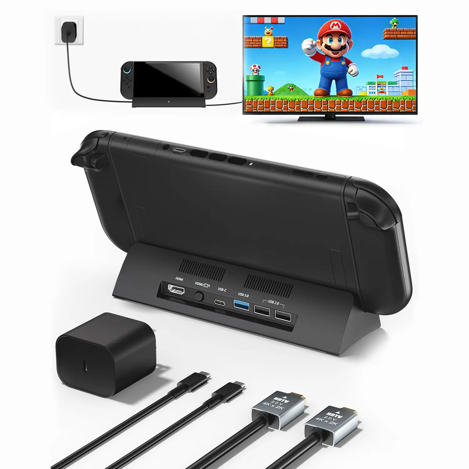 Switch 2 TV Charging Dock,  Docking Station with 4K@120hz,HDMI Adapter, USB 3.0 Port, USB-C Port,PD100W, Includes 20V/3A 60 Power Adapter &HDMI Cable, Console Accessory game Stand,
