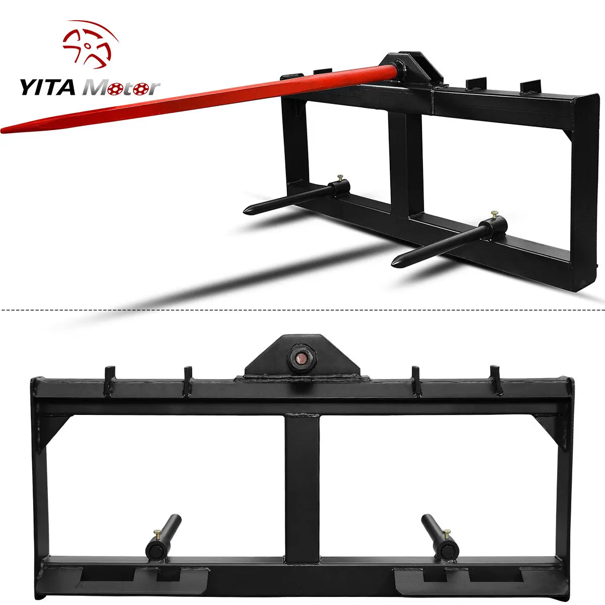 【fathersdaygift】OEDRO 49" Hay Spear Attachment, 3000lbs Capacity Quick Attach for Bobcat Tractors & Skid Steer Loader with 1pc 49" Red Hay Spear & 2pcs 17" Black Stabilizer Spears Spike Fork Tine
