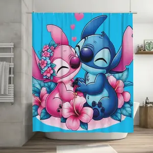 DISNEY CLASSIC Stitch and Angel Shower Curtain, Blossom of Love a Heartwarming Moment Cartoon Bath Curtain Cute Animal Bathroom Home Decor Waterproof Polyester Fabric with 12pcs Hooks
