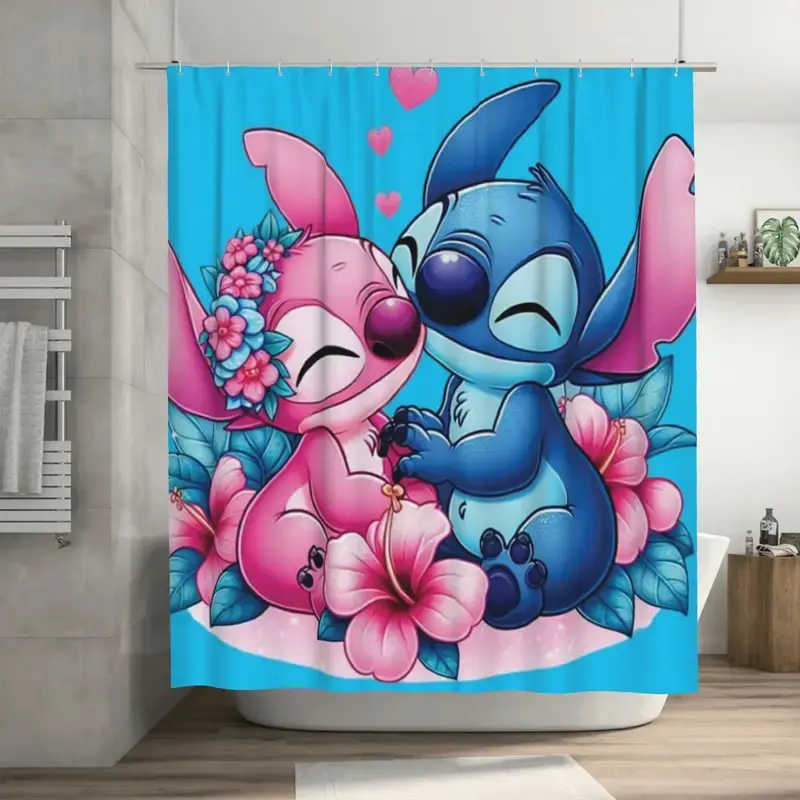 DISNEY CLASSIC Stitch and Angel Waterproof Polyester Shower Curtain, Blossom of Love Theme with 12 Hooks, Animal Print Decoration for Home Bathrooms, Hotels, RVs, Fun Cartoon Bathroom Vibe, Machine Washable Home Decor