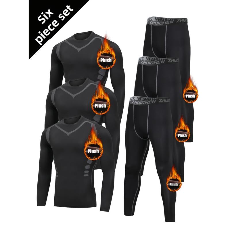 Personalized printing and fleece sports suit 6-piece men's thermal underwear suit running gym clothes autumn and winter warm fleece tight equipment morning running night running training autumn and winter sportswear raglan sleeve value pack base layer und