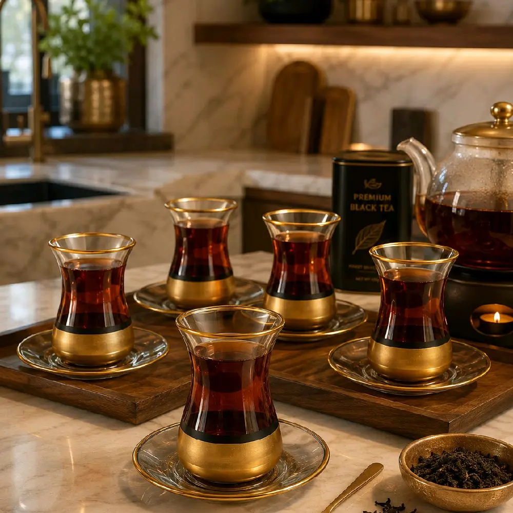 Gold Bottom Black Stripe Six Piece Tea Cup Set