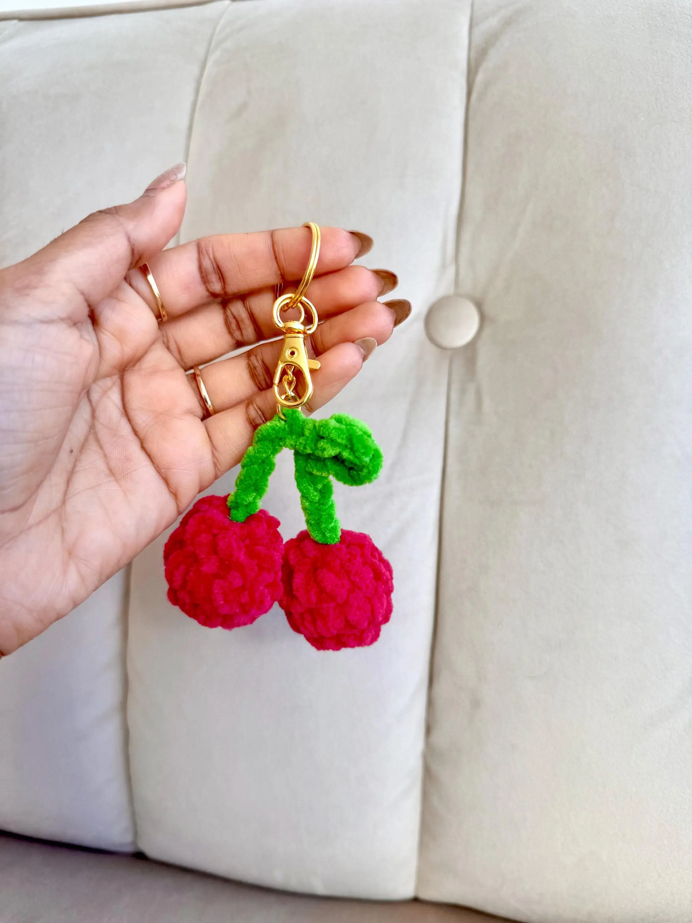 Crochet Cherry Bag Charm, Plush Cherry Keychain, Handmade Amigurumi Fruit, Kawaii Accessory
