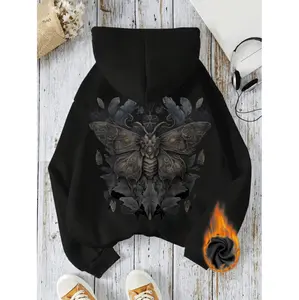 Gothic Winter Hoodie With Butterfly Floral Print And Pockets Cozy Long Sleeve Sweatshirt For Women Dark Aesthetic Casual Wear Machine Washable No Stretch Material