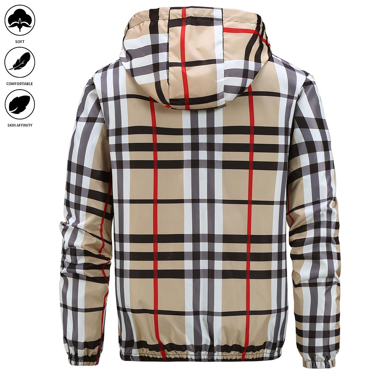 Men's jacket - Full zipper design, with pockets, casual style, perfect for autumn/winter wear, hooded collar, regular cut, checkered pattern, men's jacket.