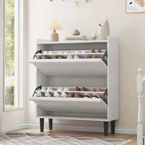 White Adjustable Wooden Shoe Organizer Storage Cabinet with 2 Flip Drawers for Entryway Hallway Living Room Natural White Metal Racks