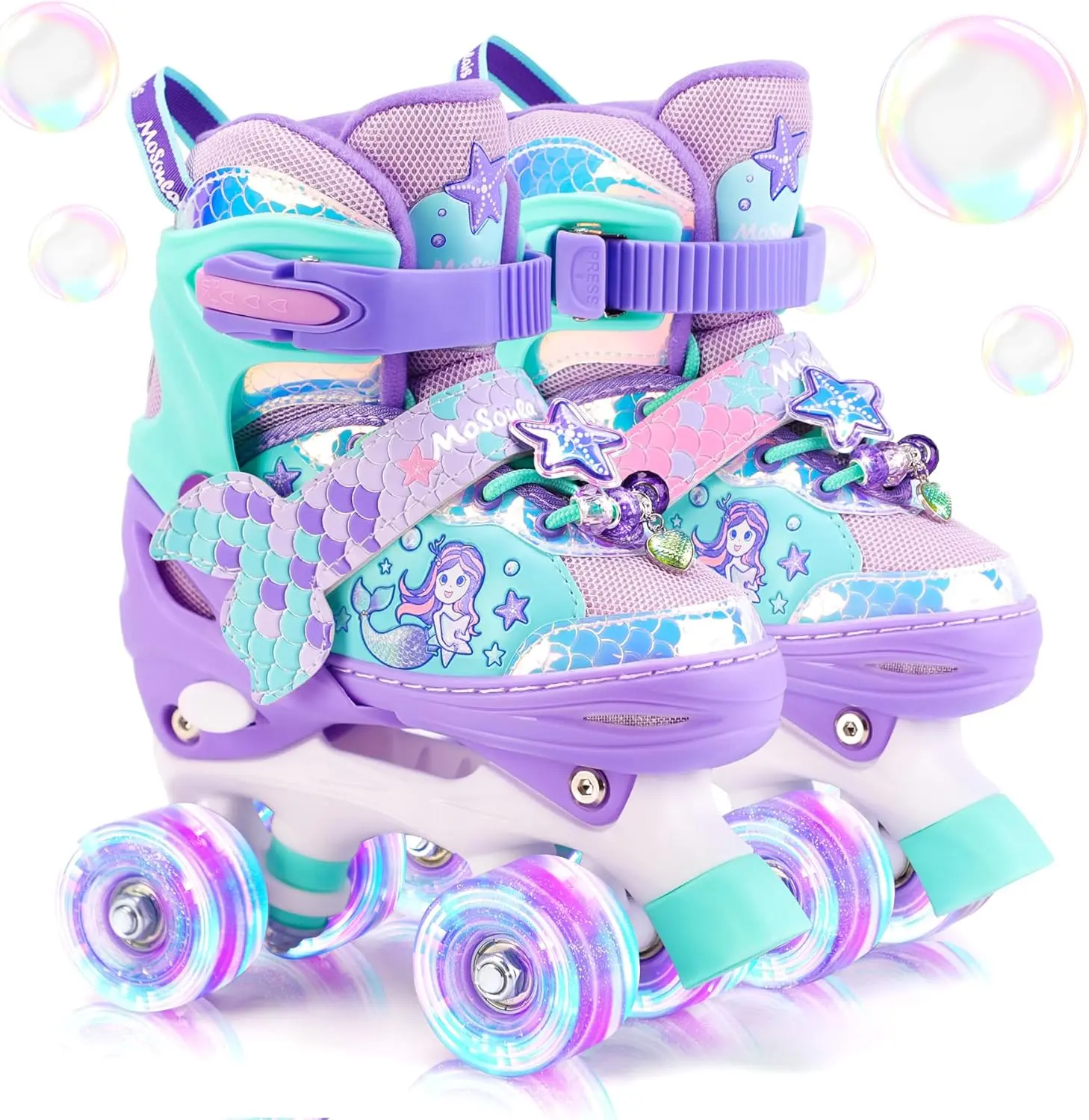 Mermaid Roller Skates for Girls, Kids & Beginners, 4-Size Adjustable Quad Design with Breathable Mesh and Enchanting Light Up Wheels, Roller Skate Shoes, Shoes With Wheels, Skating Shoes