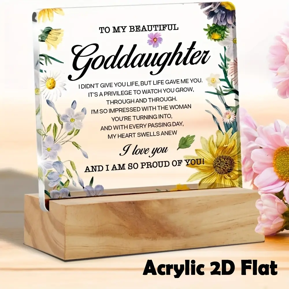 Acrylic 2D Flat Goddaughter Gifts From Godmother Floral Desk Decor I Love You Plaque Sign with Wood Stand for Home Office Keepsake - Wooden