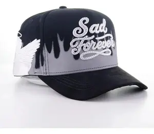 Black & Grey Gothic Sad Forever Baseball Cap, Rhinestone Drip Print Streetwear Hat, Fashionable Daily Wear
