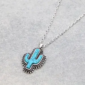 Western Hand Craft Stone Cactus Necklace for Women