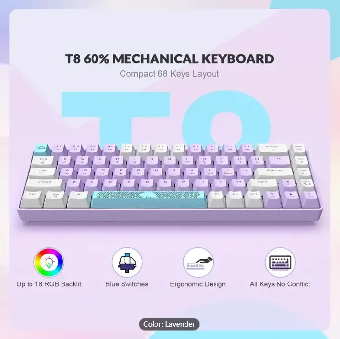 LANG RK-T8 Wired 65% Mechanical Gaming Keyboard With RGB LED Backlit Anti-ghosting TKL Mini 68 Keys Custom Coiled C To A Cable Tactile Blue Switch For PS4, PS5, Xbox, PC, Mac Gamer (Lavender)