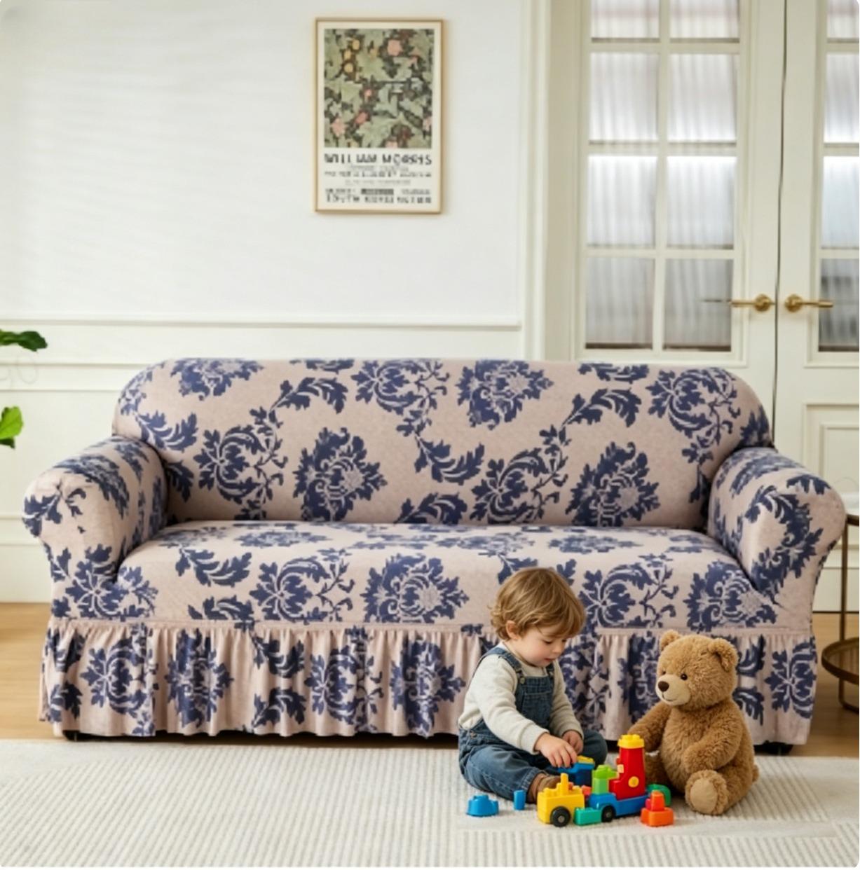 Chic Blue Damask Couch Cover | Stretchy Fabric with Ruffled Skirt for Instant Room Refresh