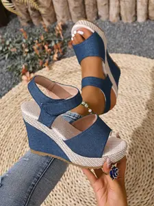New Denim Stylish Wedge Sandals for Women, Thick Waterproof Sole, Magic Tape Toe Exposure, Summer Casual Height Increasing Shoes