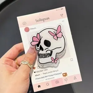 Butterfly Skull Spooky Cute Phone Holder, Minimalist White Skeleton Head Griptok, Romantic Grunge Acrylic Die-Cut Stand, Alternative Cottagecore E-Girl Phone Accessory, MagSafe Comp