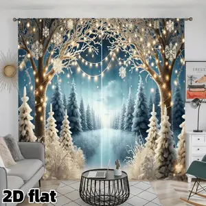 2D Flat 2Pcs Winter Wonderland Curtains with LED String Lights Design, Snowy Forest Scene, Semi Sunshade Pocket Style, Suitable for Living Room Bedroom Balcony Kitchen Study Window Decoration, Christmas Gifts Window Accessory , Holiday Season
