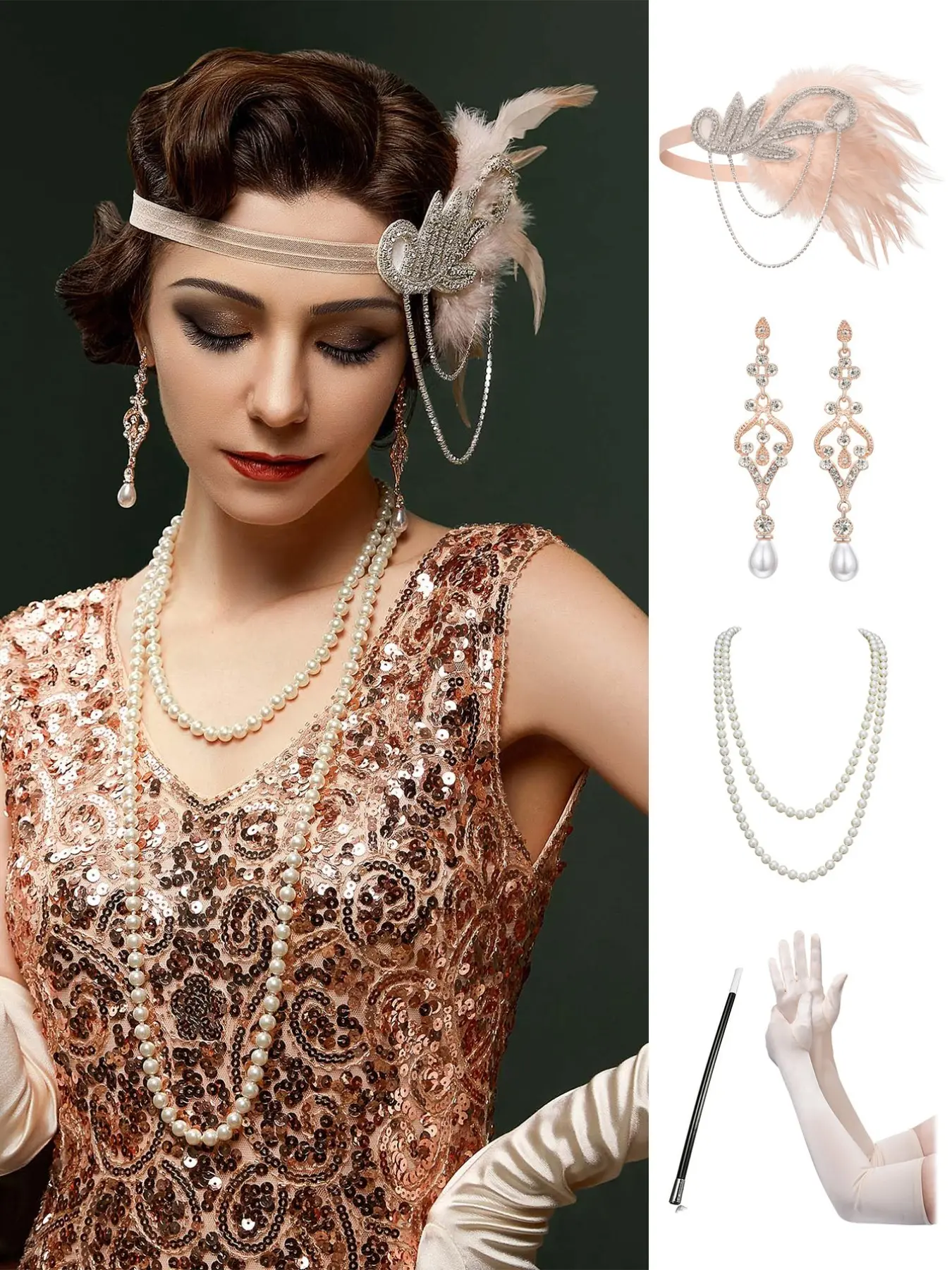 5PC/Set 1920s Vintage Flapper Set for Women,Roaring 20s Headband Headpiece Costume Accessories for Halloween Party Cosplay