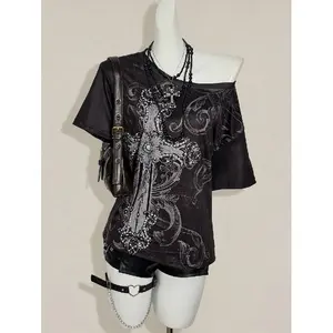Y2K Retro Grunge Style Cross Print Oblique Shoulder Loose Casual T-Shirt