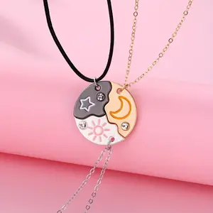 3pcs Creative Fashion Three-Splicing Sun, Moon, and Star Round Pendant Necklace Set for Girls, BFF, and Best Friends, Friendship Necklace