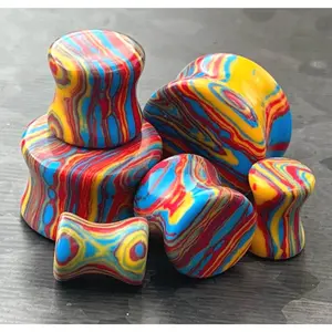 PAIR of Unique Primary Color Tie Dye Malachite Stone Plugs - Gauges 2g (6mm) up to 5/8" (16mm)