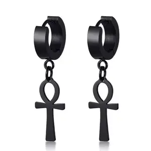 Vintage Ankh Earrings for Men and Women - Black Cross Design with Teardrop Loop Symbolizing Eternal Life & Health