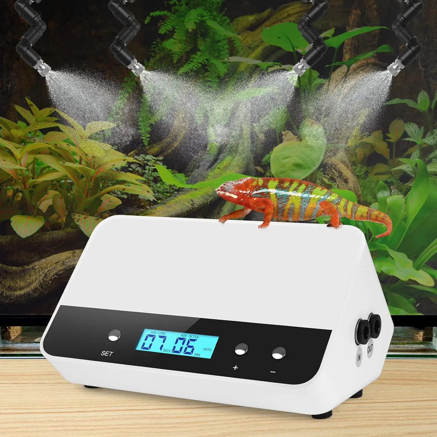 Automatic Reptile Humidifier Mister with 4 360° Adjustable Nozzles, Timer Control, External Reservoir for Terrariums, Humidify