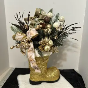 Gold Christmas Boot Centerpiece with Glitter Gold Boot Festive Greenery Ornaments & Ribbon Accents for Mantel Entryway or Holiday Table Decor