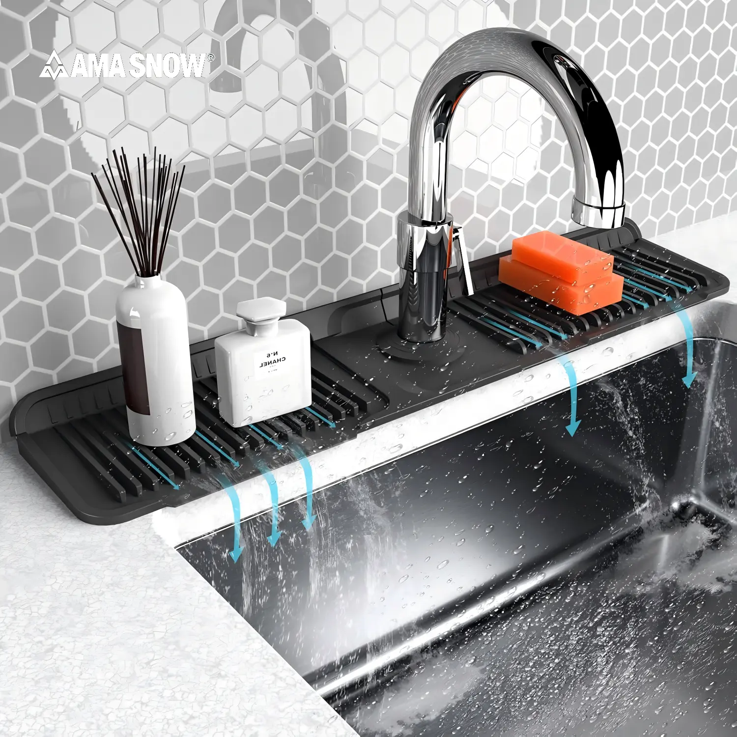 Kitchen Sink Faucet Protector Mat Silicone Folding Splash Guard with Button Lock Draining Mat for Kitchen & Bathroom Sink Anti-Slip Sink Accessories 24" x 5.5" Size Customizable Hole Design 100% Food-Grade Silicone Material Dishwasher-Safe tiktokshopsprin