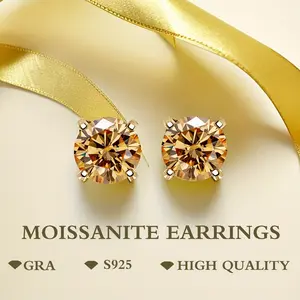 [Moissanite S925 Earrings] Champagne Yellow Four-prong Synthetic Moissanite S925 Earrings - Stylish and Simple Trendy All-match Accessories