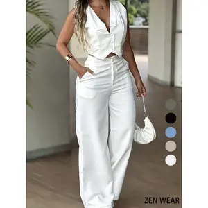 New women’s long pants set, sleeveless waist-cinching vest set, wide-leg pants, elegant office women’s commuter two-piece suit GARMENTARY