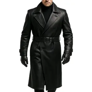 Men’s Black Leather Trench Coat – Double-Breasted Long Belted Overcoat