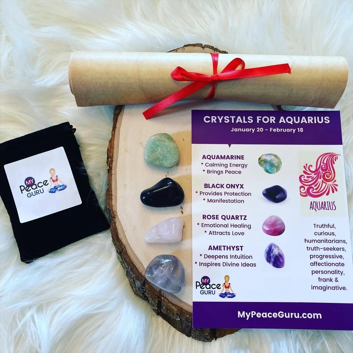 Aquarius Gift Set Zodiac Sign Crystal Healing Stones in a Velvet Pouch with 7-10 Page In-Depth Astrology Scroll Report Gift Box