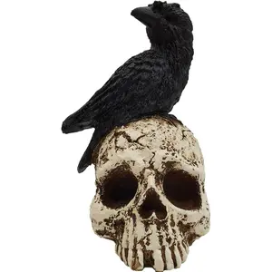Halloween Raven on Skull Home Decor - Intriguing Crow Statue for Spooky Ambiance