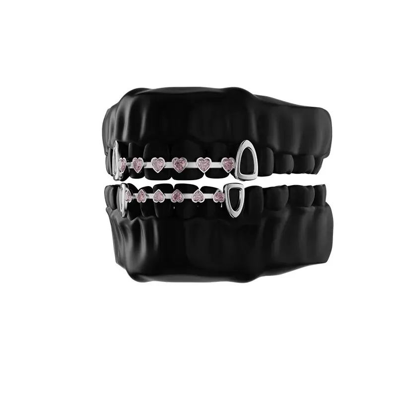 Elegant Pink Color Heart Zircon Teeth Grillz Vintage Hollow Tooth Caps For Women Unisex Jewelry Wearable Dental Grills