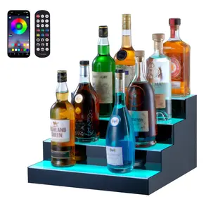 LED Lighted Liquor Bottle Display Bar Shelf With RF Remote And App Control, 16-Inch Length, 4-Step Adjustable Display, Modern Home Bar Organizer For Spirits, Wines, And Cocktail Bottles, Illuminated