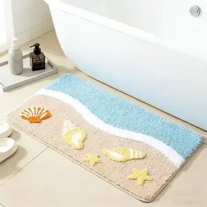 starfish shell floor mat, anti-slip beach bathroom mat, featuring coastal starfish and shell design, plush material, suitable for kitchen, bathroom, entrance, bedroom home decoration, durable and wear-resistant-Superfine fiber flocking material rug bottom