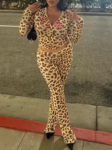 Two-piece Set Women's Leopard Letter Print Zip Up Crop Hoodie & High Waist Skinny Pants, Matching Sets, Casual Fashion Cozy Breathable Two Piece Outfits for Daily Outdoor Wear, Women Long Sleeve Clothes for Fall & Winter, Lady Womenswear