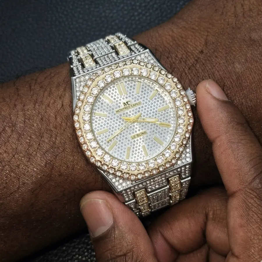 MaxBling81 Men's Diamond-Embellished 2-Tone All-Metal Boujee Elegant Quartz Watch - Gold-Silver Strap, Full Iced Out Simulated Diamonds, Octagonal Face, Waterproof, Hip Hop Casual Watch, Diamond-Embellished Quartz Watches, 2-Tone Quartz Watches