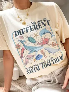 Women's Casual Loose Fit Round Neck T-Shirt, Turtle Shell Whale Print, Comfortable Soft Fabric, Perfect Summer Fashion Top