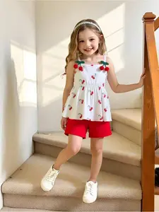 Elladie kids 2pcs/Set Young Girls Digital Floral Print Decor Suspender Tank Top And Relaxed Solid Shorts, Suitable For Casual Wear, Beach, Summer