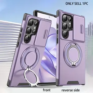 For Samsung/ Galaxy S26 S25 S24 S23 S22 S21 Ultra 24 S23 S22 Plus S23FE S20FE A55 A5 A16 A15 A14 A06 Phone case with sliding camera cover, 360 ° rotating ring frame, car magnetic bracket, matte texture shock-absorbing phone case