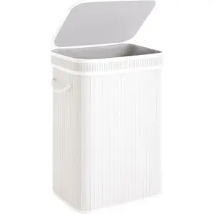 Laundry Hamper with Lid, Foldable Bamboo Laundry Basket, Clothes Hamper with Handles, Organizer and for Laundry Room, Bedroom, Dorm, White