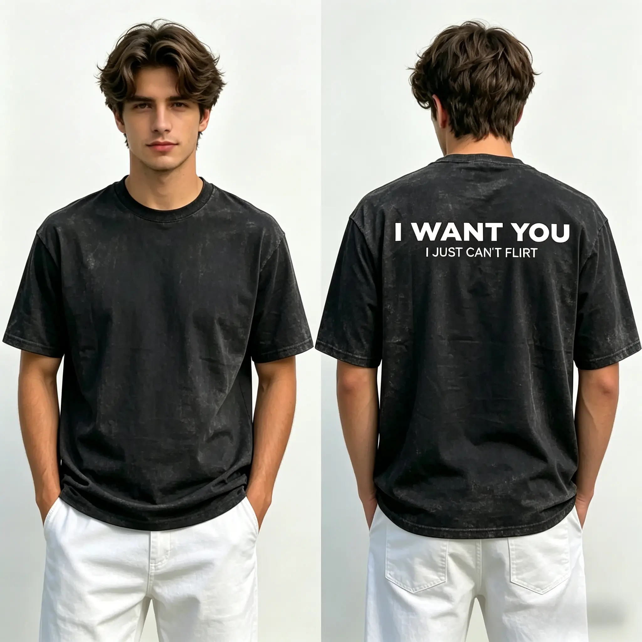 Funny Streetwear Graphic Tee – "I WANT YOU, I Just Can't Flirt" Statement T-Shirt for Men & Women, Gift for Her and Him