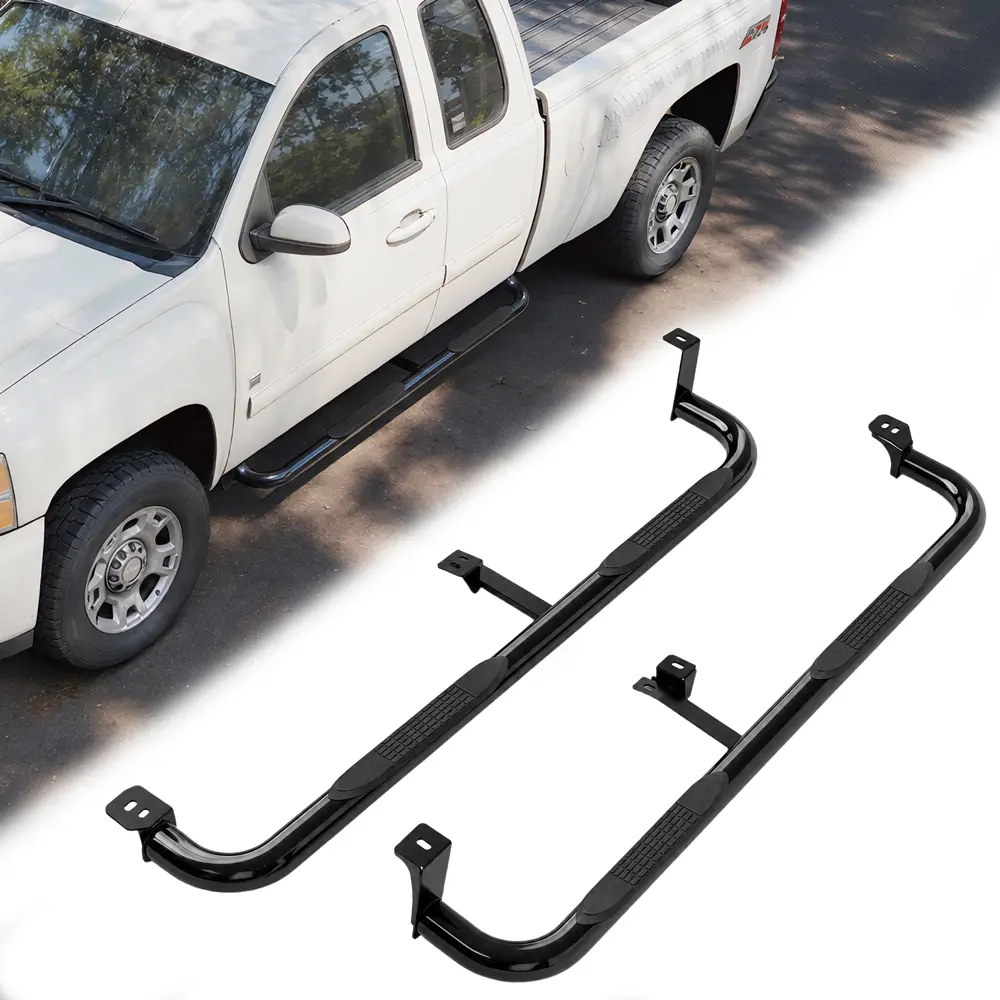400LBS Heavy Duty 3" Round Tube Running Boards | Anti-Slip Side Steps for 1999-2019 Chevy Silverado & GMC Sierra 1500 2500HD 3500HD | Extended/Double Cab ONLY | Black Steel Nerf Bars
