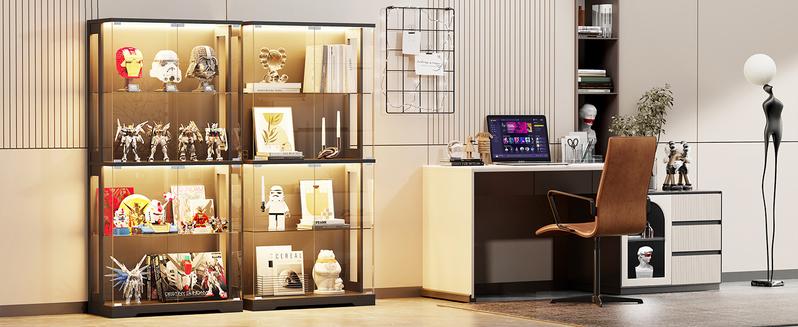 BROTTAR Display Cabinet with Glass Doors, 4-Tier Curio Cabinet with 3 Color Lights for Collectibles, 65" Lighted Glass Display Case with Transparent Full-Display Surface, Human Body Sensor, Black