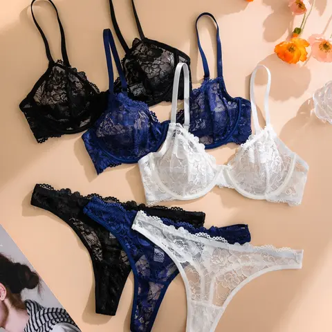 Women's Lace Underwired Thin Cup Comfortable Elegant Underwear Set, 3 Pack Solid Color Lingerie, Soft and Breathable Bra Set